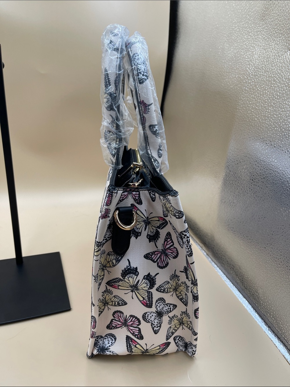 The Tote Bag Butterfly Print Women’s Tote - White with Pink & Yellow Accents - Picture 3 of 9